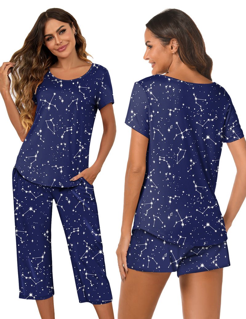 3-teiliges Capri-Pyjama-Set mit kurzem Ärmel in Navy und Sternbild-Print mit passenden Shorts/Capris