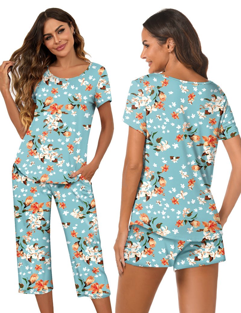 3-teiliges Capri-Pyjama-Set mit kurzem Ärmel in Hellblaugrün und floralen Shorts/Capris