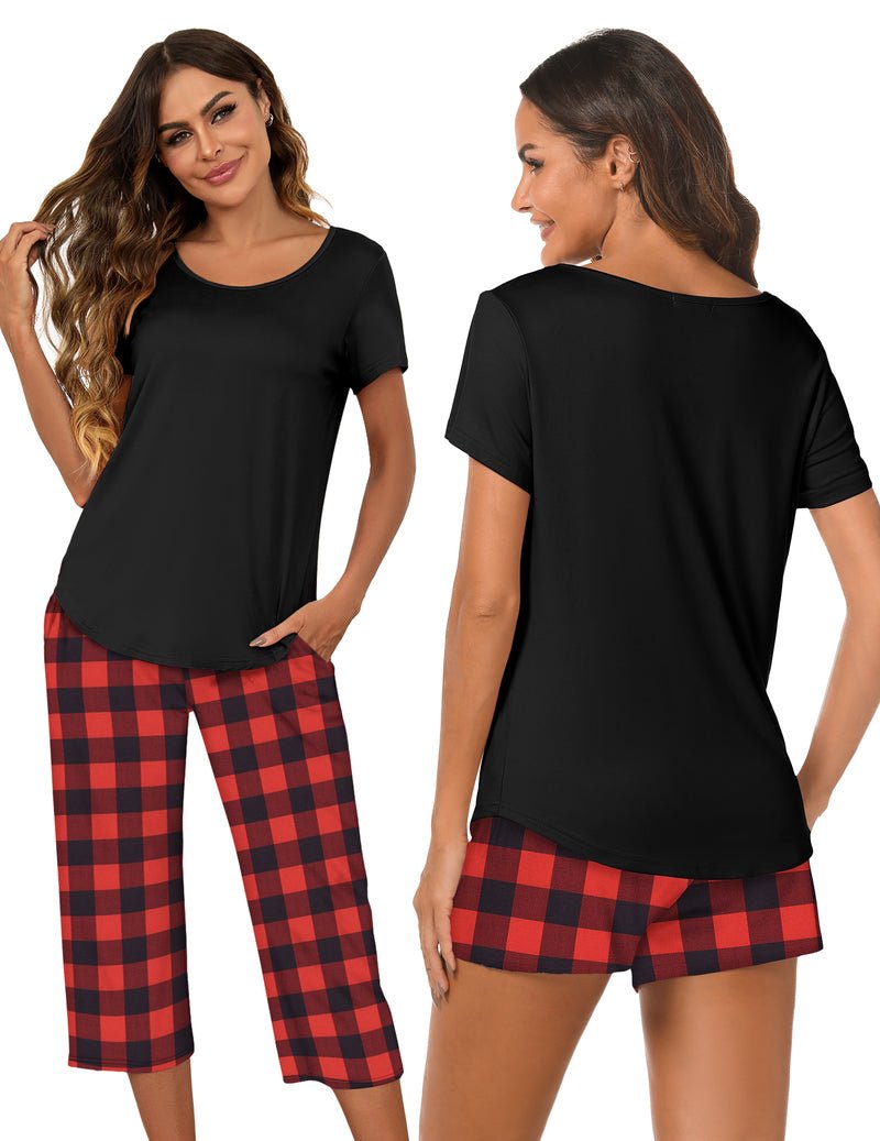 3-teiliges Capri-Pyjama-Set mit kurzem Ärmel, schwarzem Oberteil und rot-schwarzem Karo-Design