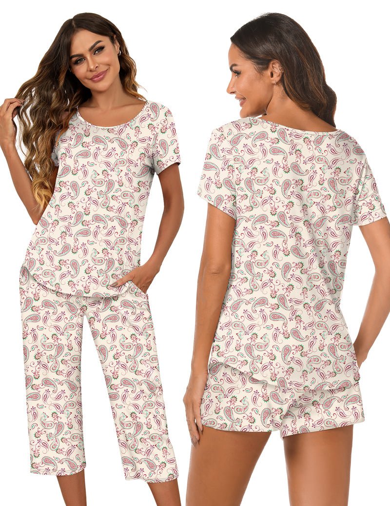 3-piece capri pajama set: white short-sleeve top with paisley capri pants