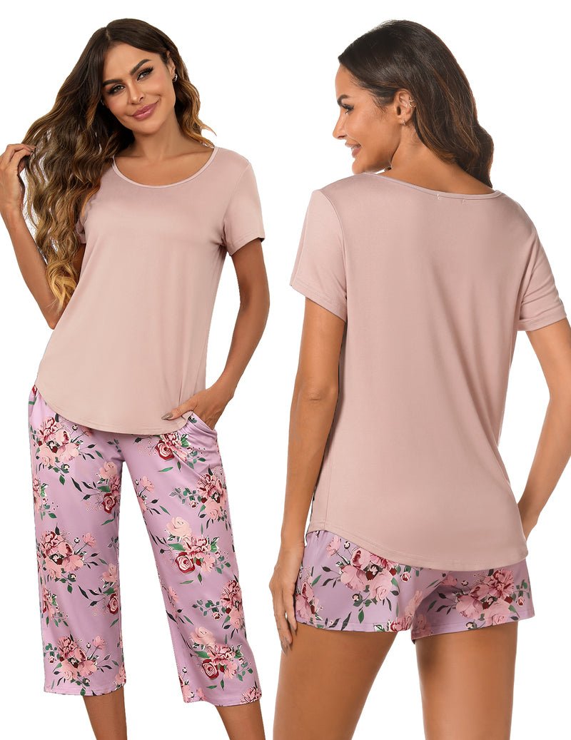 3-piece capri pajama set: light pink short-sleeve tee with floral capri pants