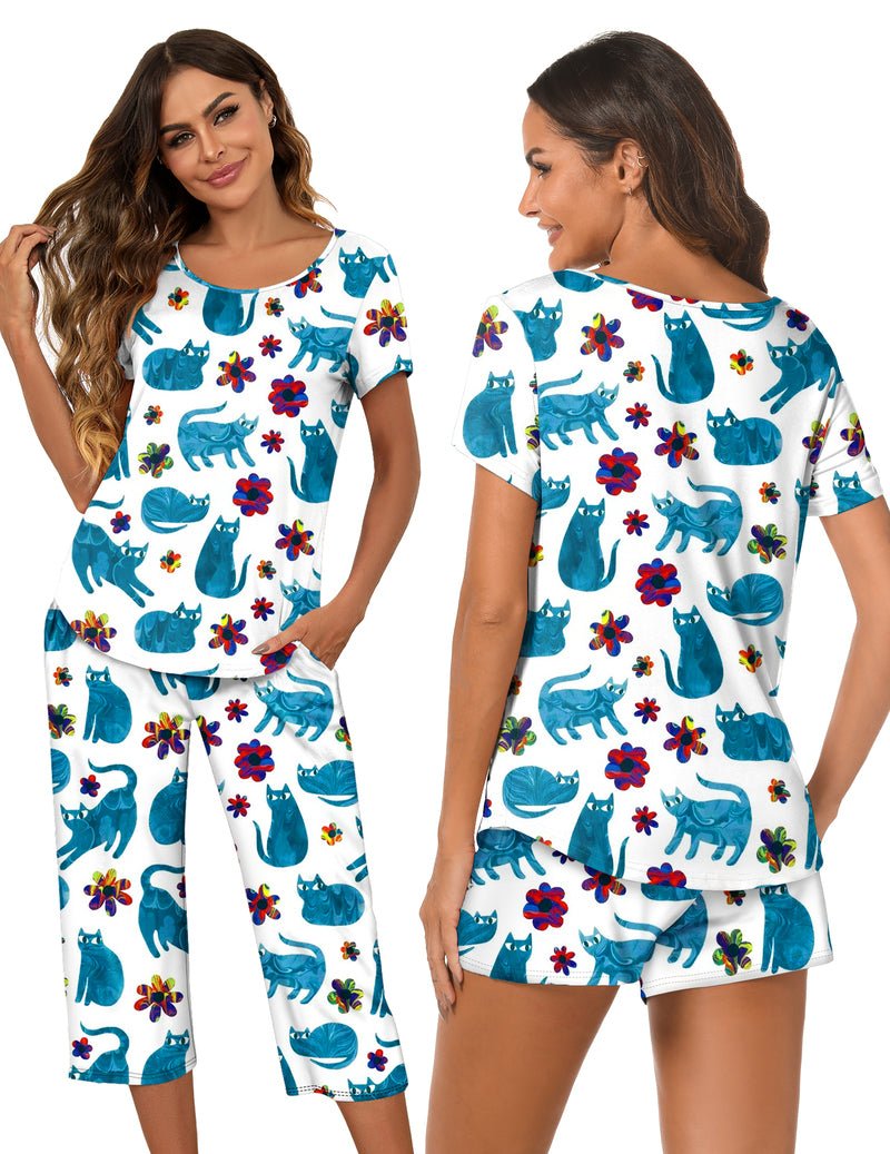 3-piece capri pajama set: white tee with blue cat print and floral capri shorts