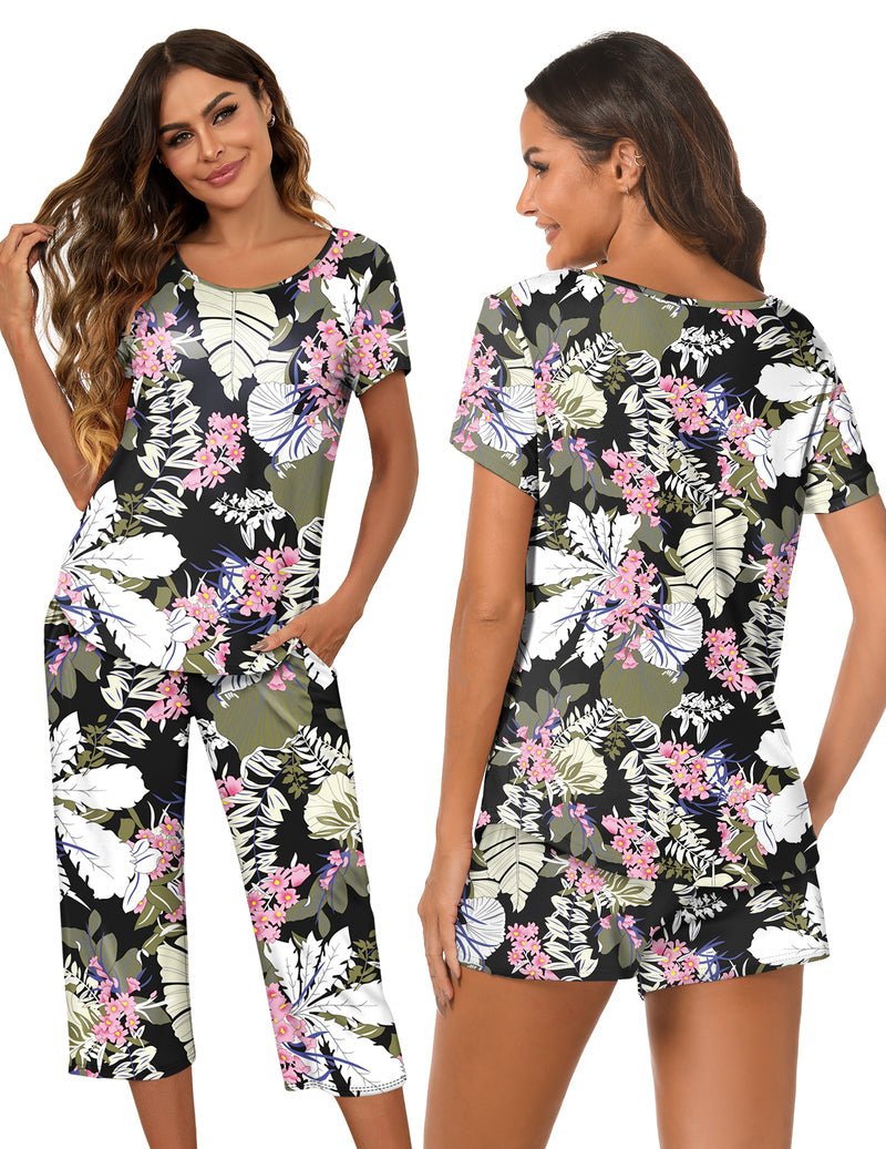 3-piece capri pajama set: black floral leaf print tee with pink-and-green pajama shorts