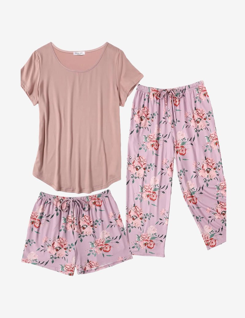 3 PCS Capri pajamas set: blush solid tee with pink rose-print capri pants & shorts
