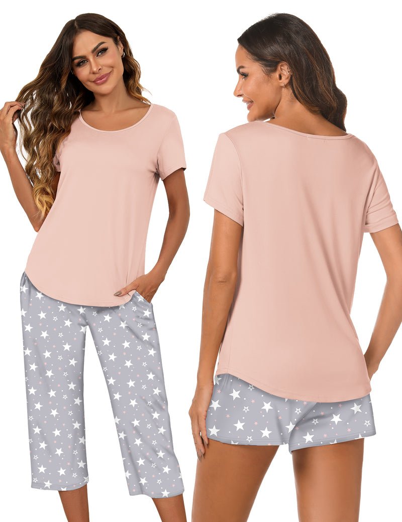 3-teiliges Capri-Pyjama-Set mit kurzem Ärmel in Rosa und Sternchenmuster unten