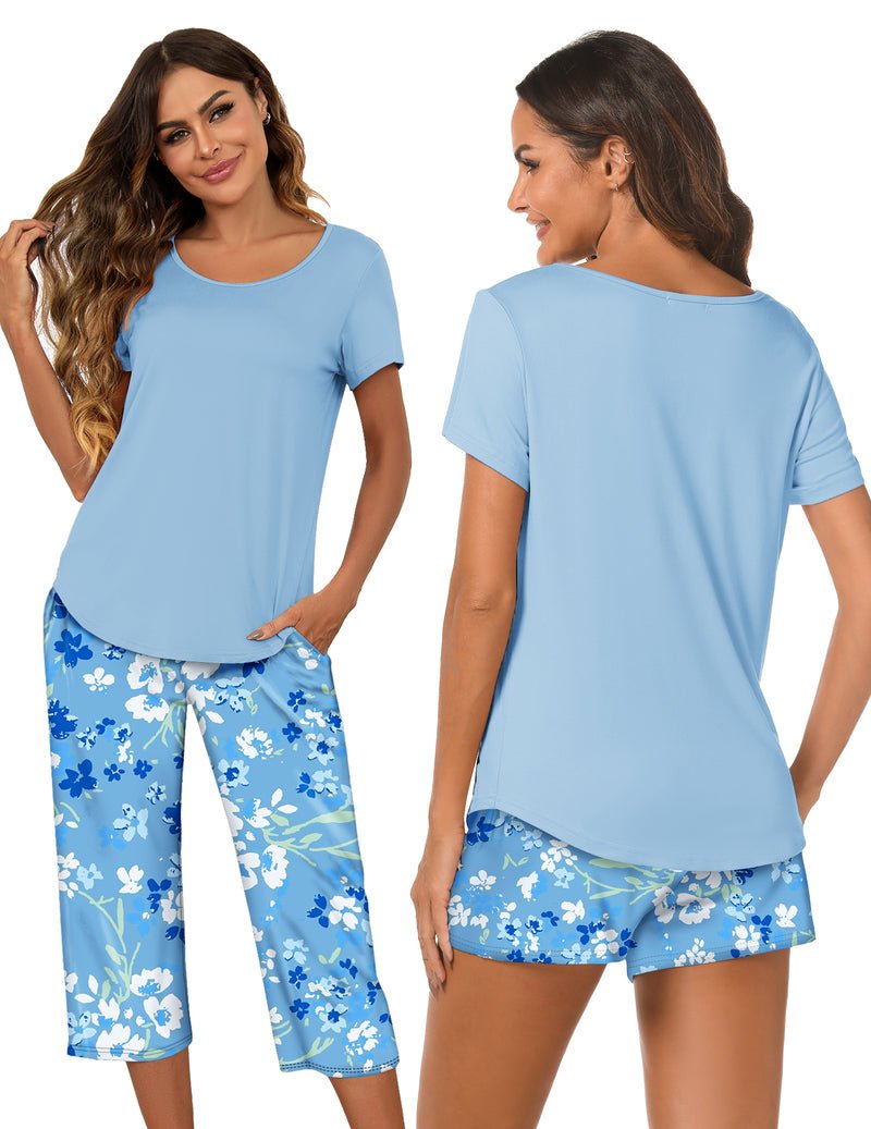 3-teiliges Capri-Pyjama-Set mit kurzem Ärmel in Hellblau und Caprihose/Shorts mit Blumenprint