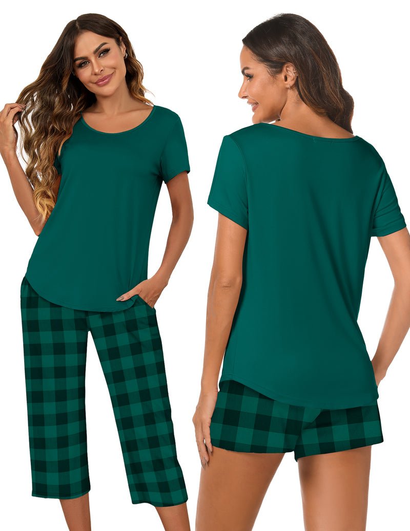 3-teiliges Capri-Pyjama-Set mit kurzem Ärmel in Dunkelgrün und grün-schwarzem Karo-Print unten
