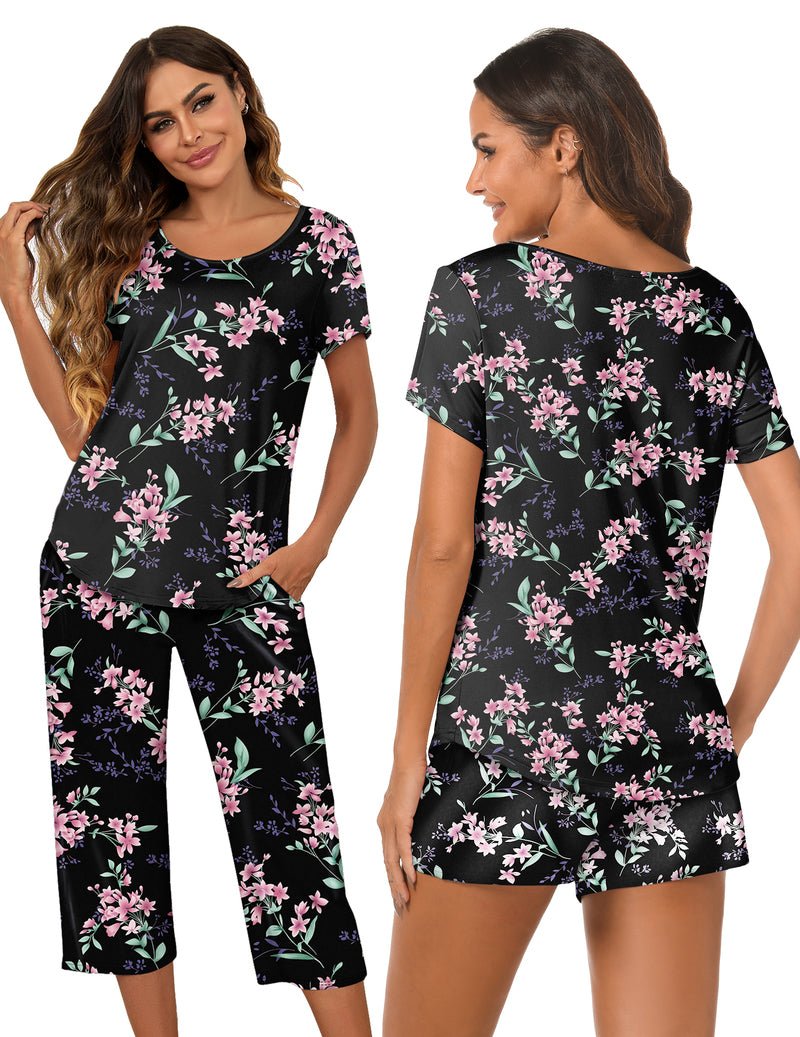 3-teiliges Capri-Pyjama-Set mit kurzem Ärmel, schwarzem Stoff und pinkem Blütenmuster