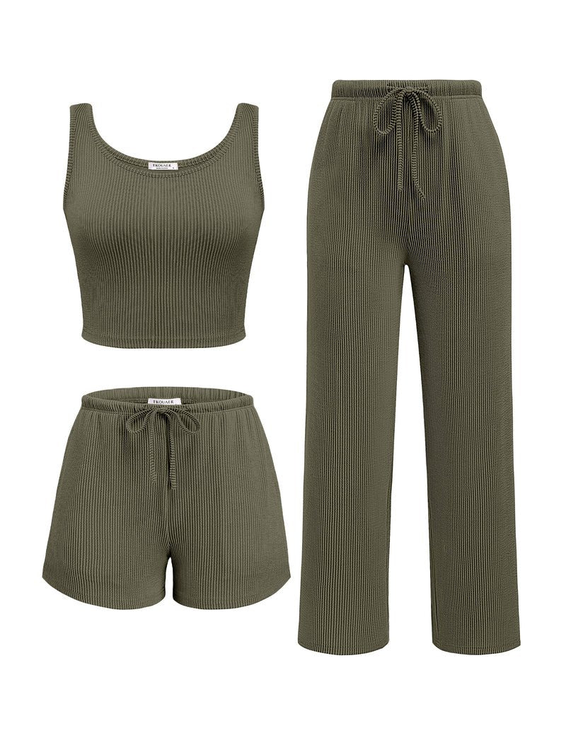 Olive green ribbed lounge pajama set: crop tank, drawstring pants and shorts