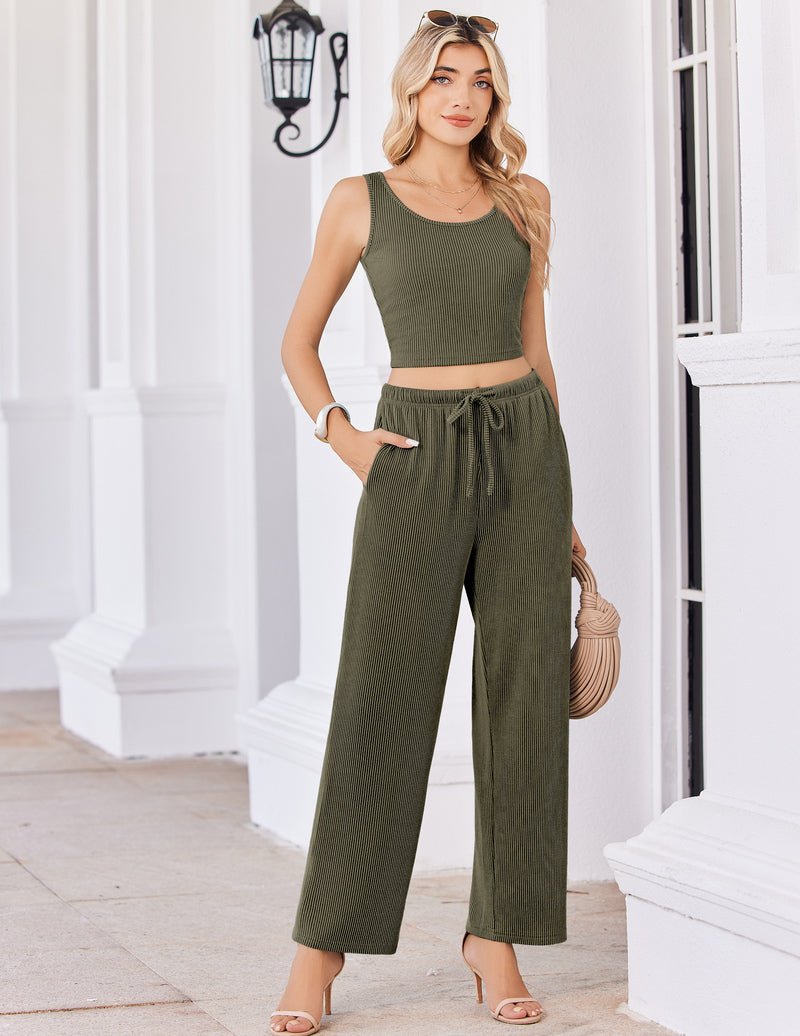 Army green ribbed lounge set with drawstring wide-leg pants and crop tank
