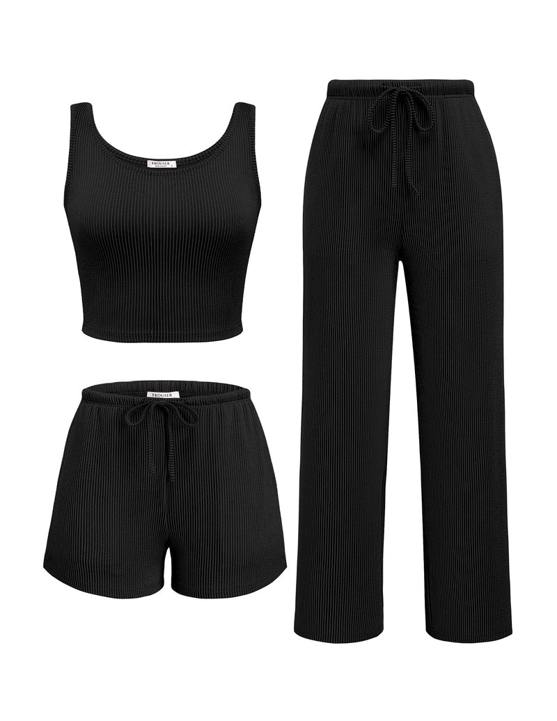 Black ribbed pajama set: crop tank, drawstring shorts and wide-leg pants