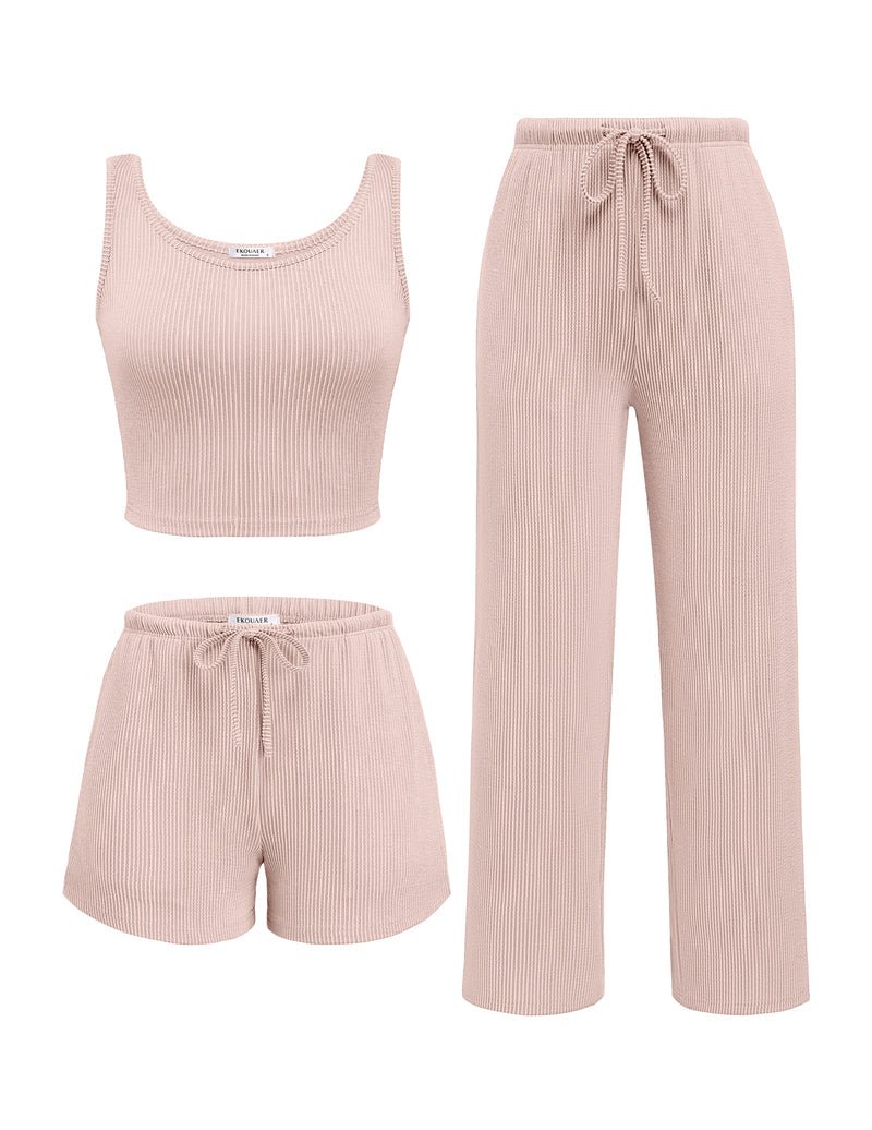 Light-pink ribbed pajama set: crop tank, drawstring shorts and wide-leg pants