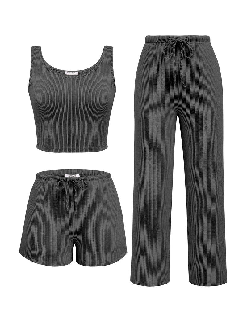 Dark gray ribbed lounge pajama set: crop tank, drawstring pants and shorts