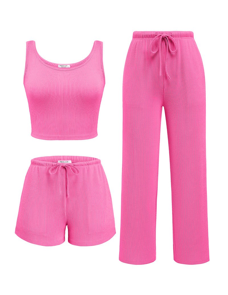 Hot pink ribbed lounge set: crop tank, drawstring shorts, and long pants