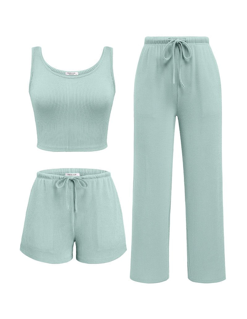 Ice cream green ribbed 3-piece set: crop tank, shorts, and long pants