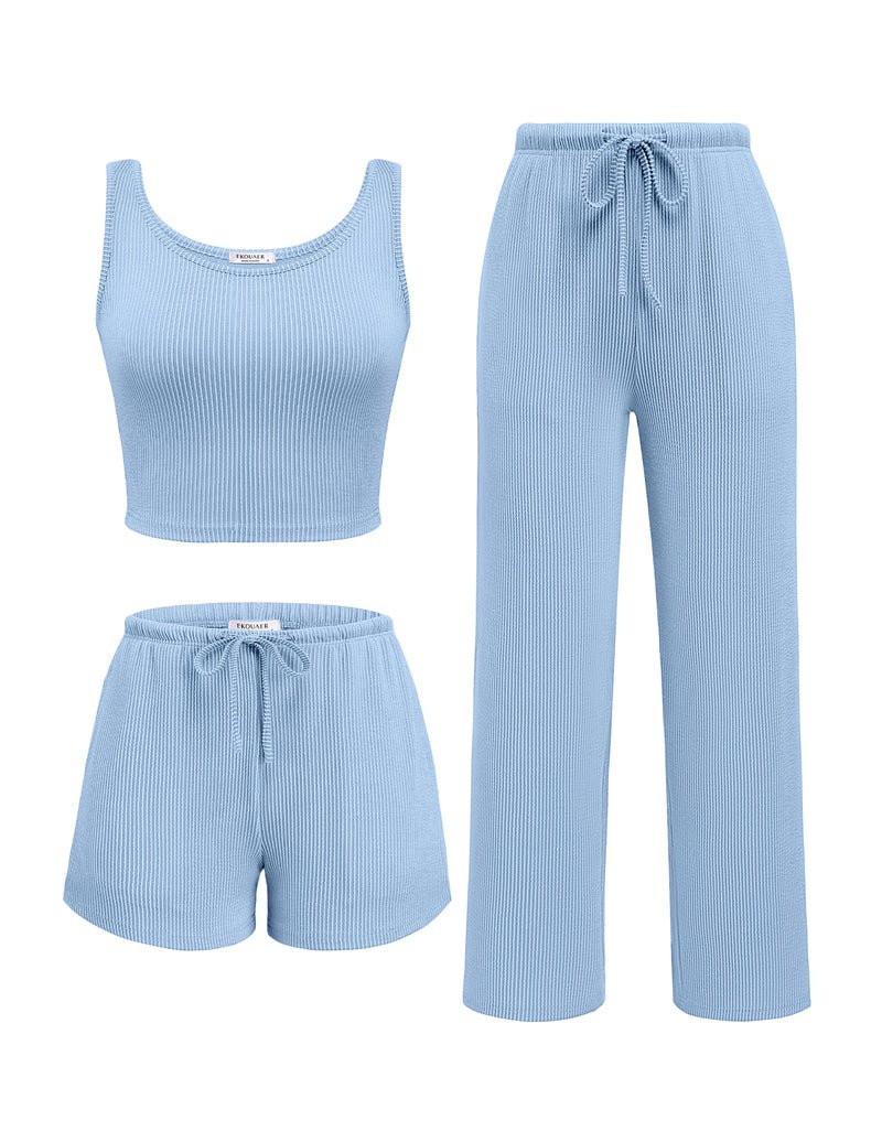 Light blue ribbed lounge pajama set: crop tank, drawstring pants, shorts