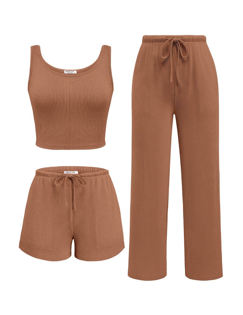 Light-brown ribbed pajama set: crop tank, drawstring pants and shorts