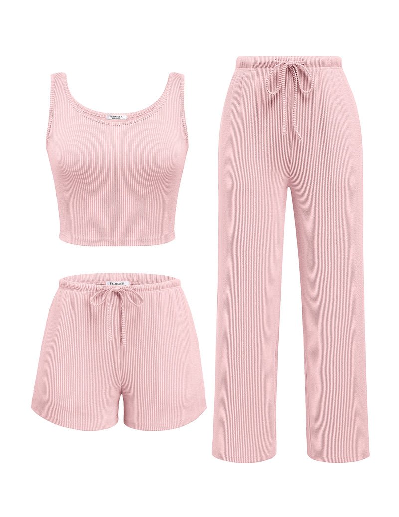 Pink ribbed lounge set: crop tank, drawstring shorts, and long pants