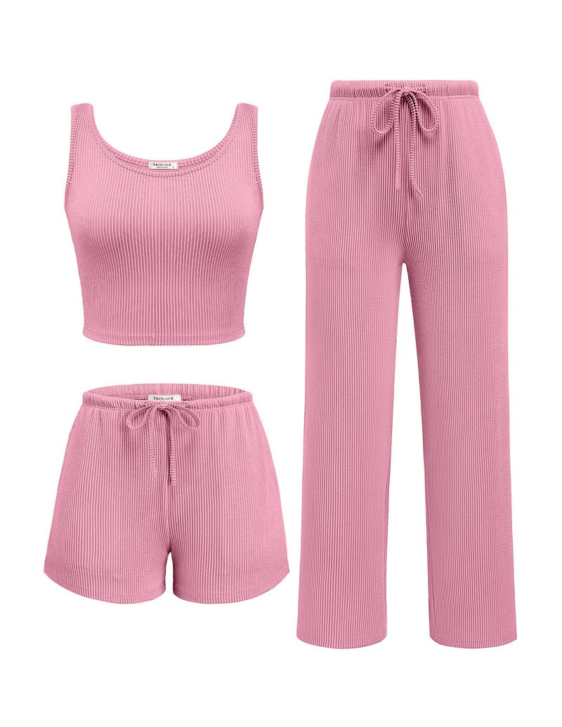 Pink ribbed lounge pajama set: crop tank top, drawstring pants and shorts