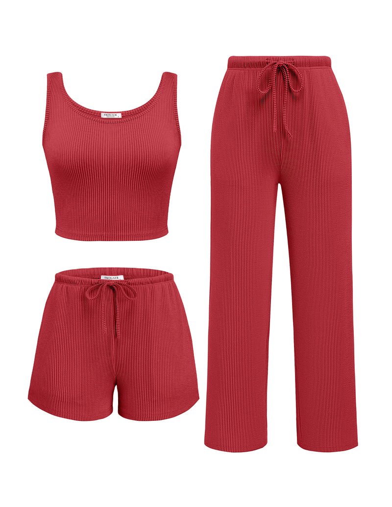 3-teiliges Lounge-Set: gerippter Tanktop und Hose/Shorts mit Bindeband, rot