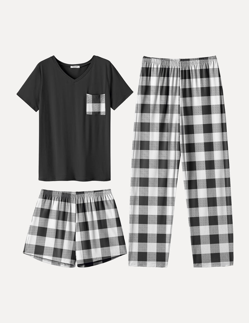 Black short-sleeve pajama top with pocket and black-and-white plaid shorts and long pants