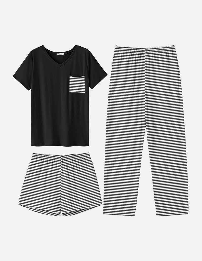 Schwarzes V-Neck-Schlafshirt mit Fronttasche, dazu gestreifte Shorts und lange Hose