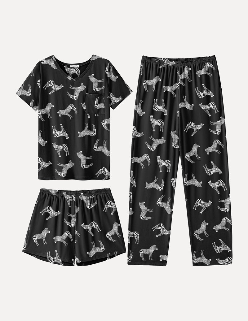 Schwarzes Schlafshirt mit V-Ausschnitt und Zebra-Print, Shorts und lange Hose mit Zebra-Muster