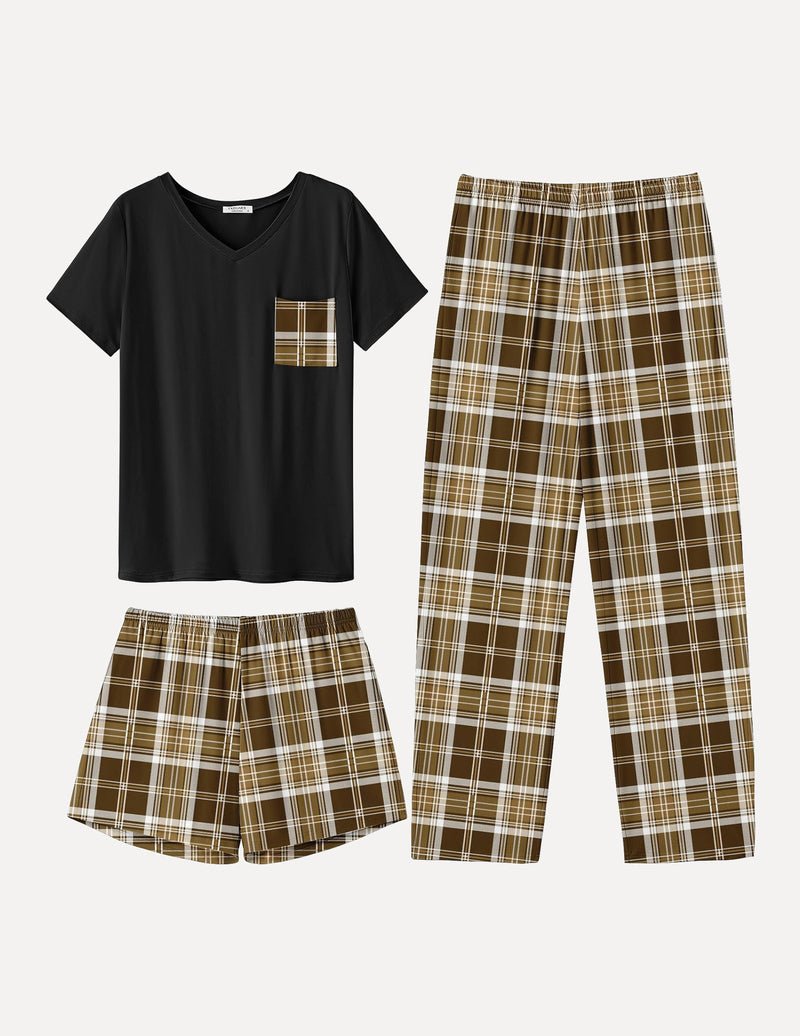 Black short-sleeve pajama top with pocket and brown plaid shorts and long pants set