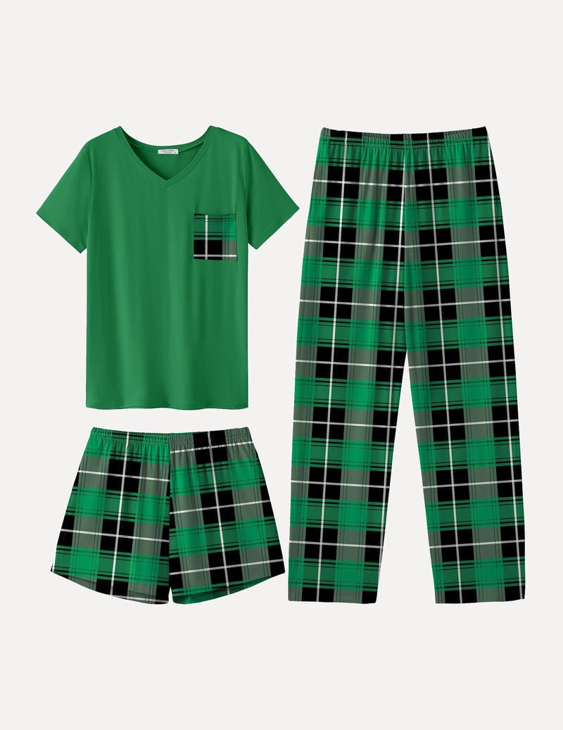 Green short-sleeve pajama top with pocket and green plaid shorts and long pants set