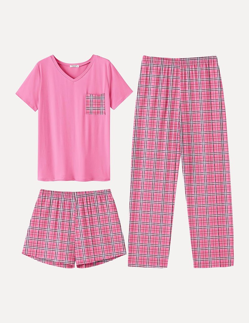 Pink short-sleeve pajama top and red plaid shorts and long pants set