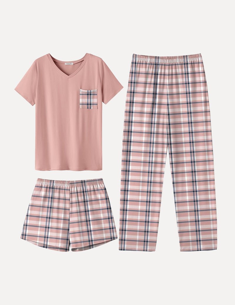 Pink short-sleeve pajama top with pocket and plaid shorts and long pants set