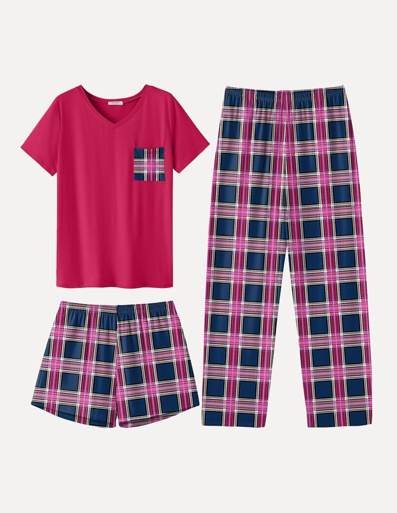 Fuchsia short-sleeve pajama top with pocket and navy/pink plaid shorts and long pants