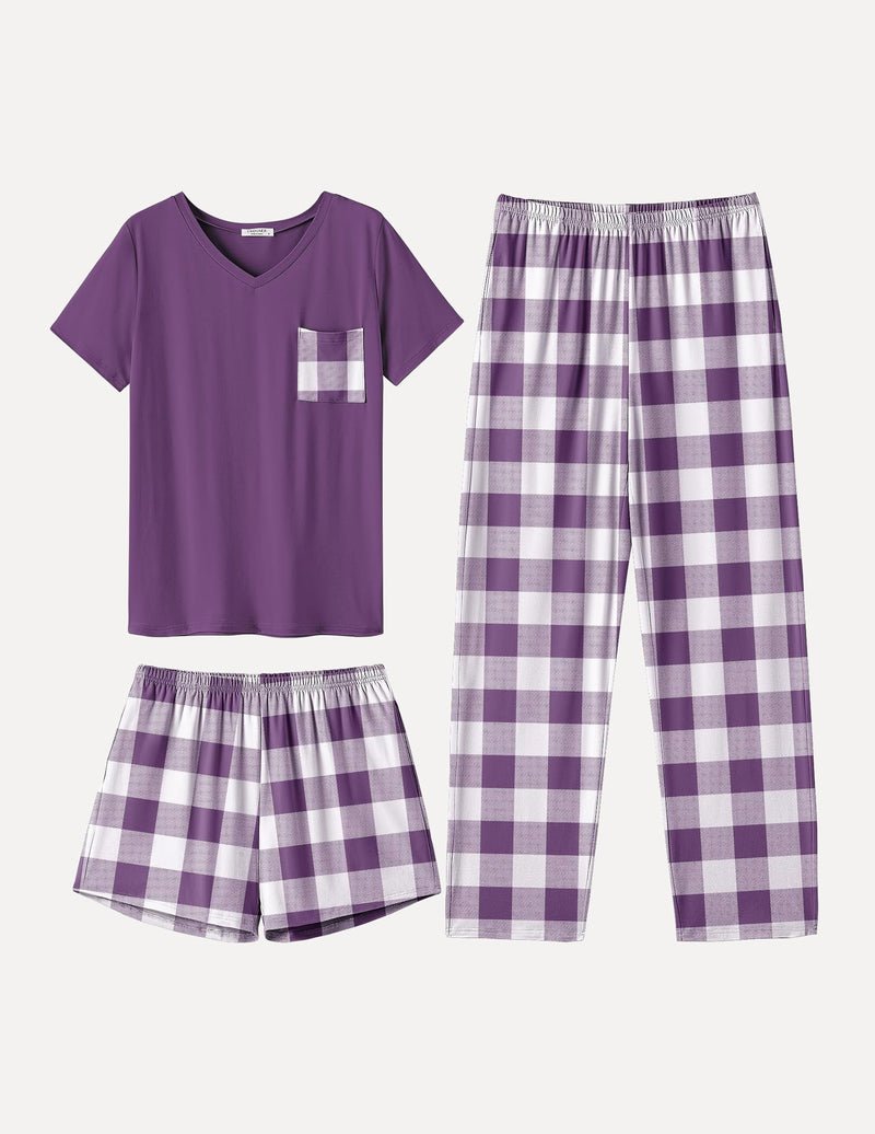 Purple short-sleeve pajama top and white-and-purple plaid shorts and long pants set