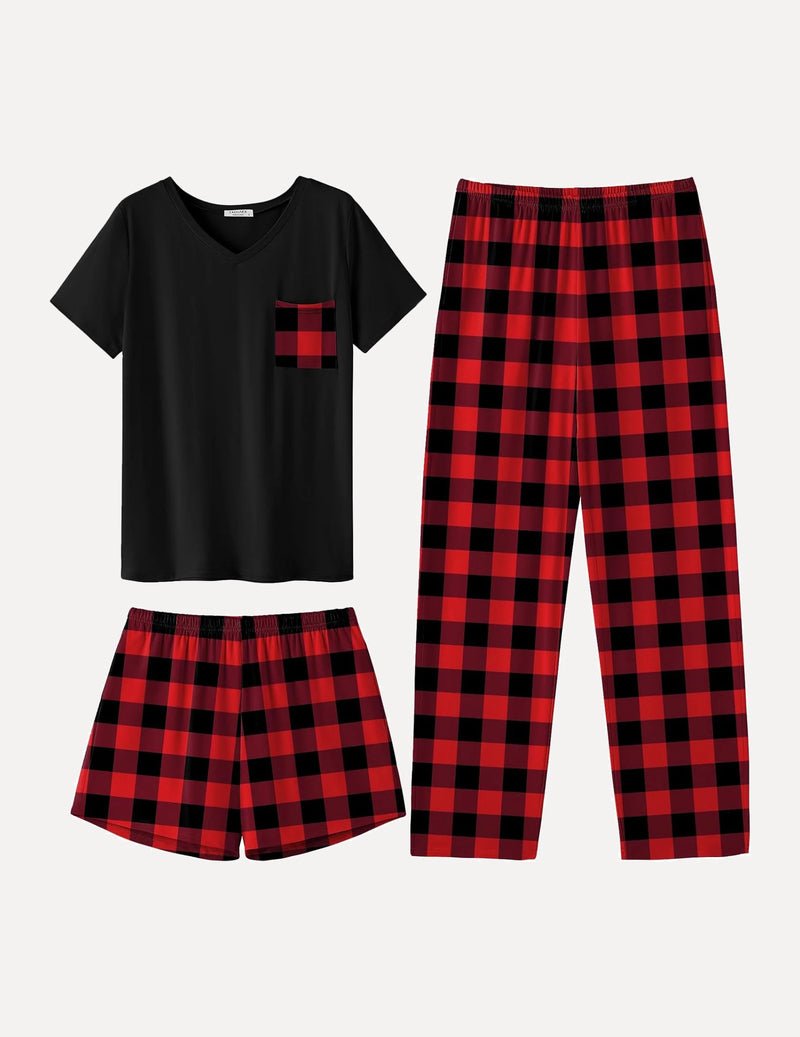 Black short-sleeve pajama top with pocket and red-and-black plaid shorts and long pants