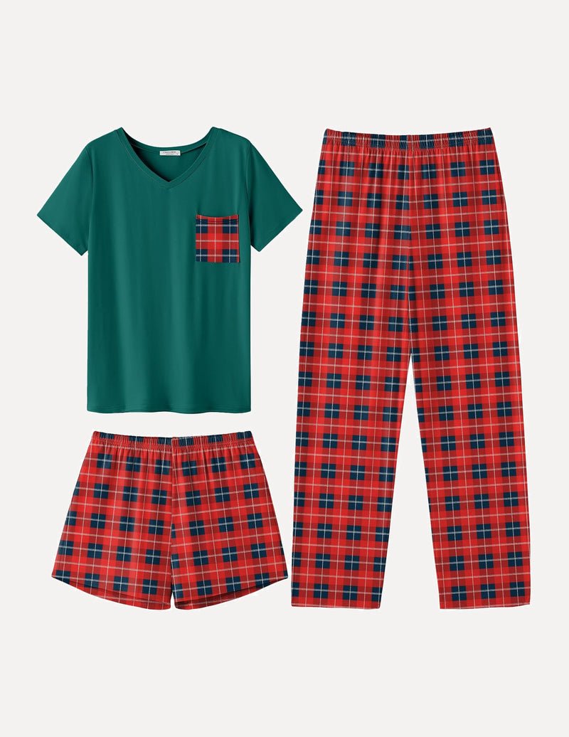 3-teiliges Pyjama-Set: grünes V-Neck T-Shirt mit kariertem Brusttaschenpatch, passende Shorts