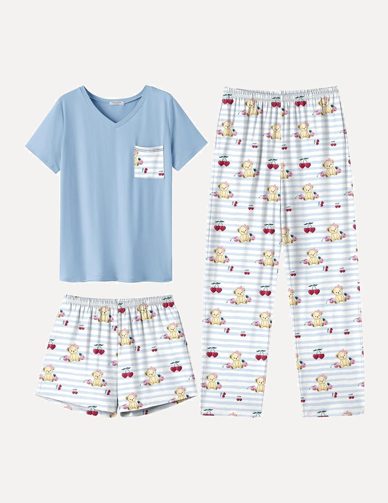 Hellblaues V-Neck-Schlafshirt, gemusterte Shorts und lange Hose mit Teddy/Kirschen-Print