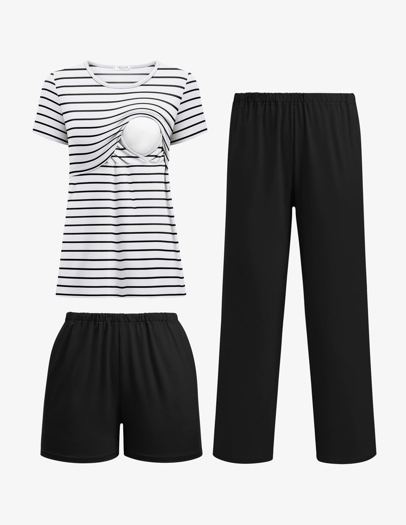 Conjunto pijama de lactancia 3 piezas negro con camiseta a rayas y pantalones