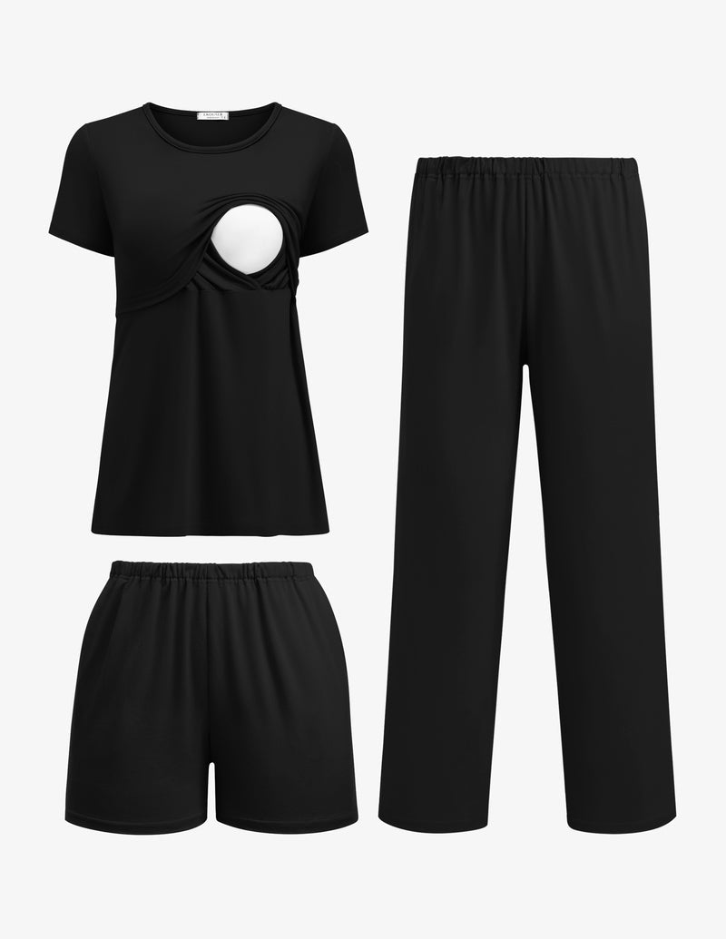 Black 3-piece nursing pajama set: wrap top, shorts, and long pants with easy-access front