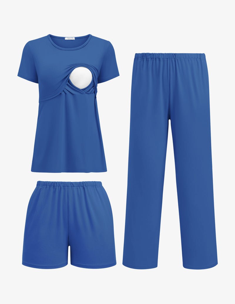 Blue 3-piece nursing pajama set: wrap top, shorts, and long pants with nursing opening