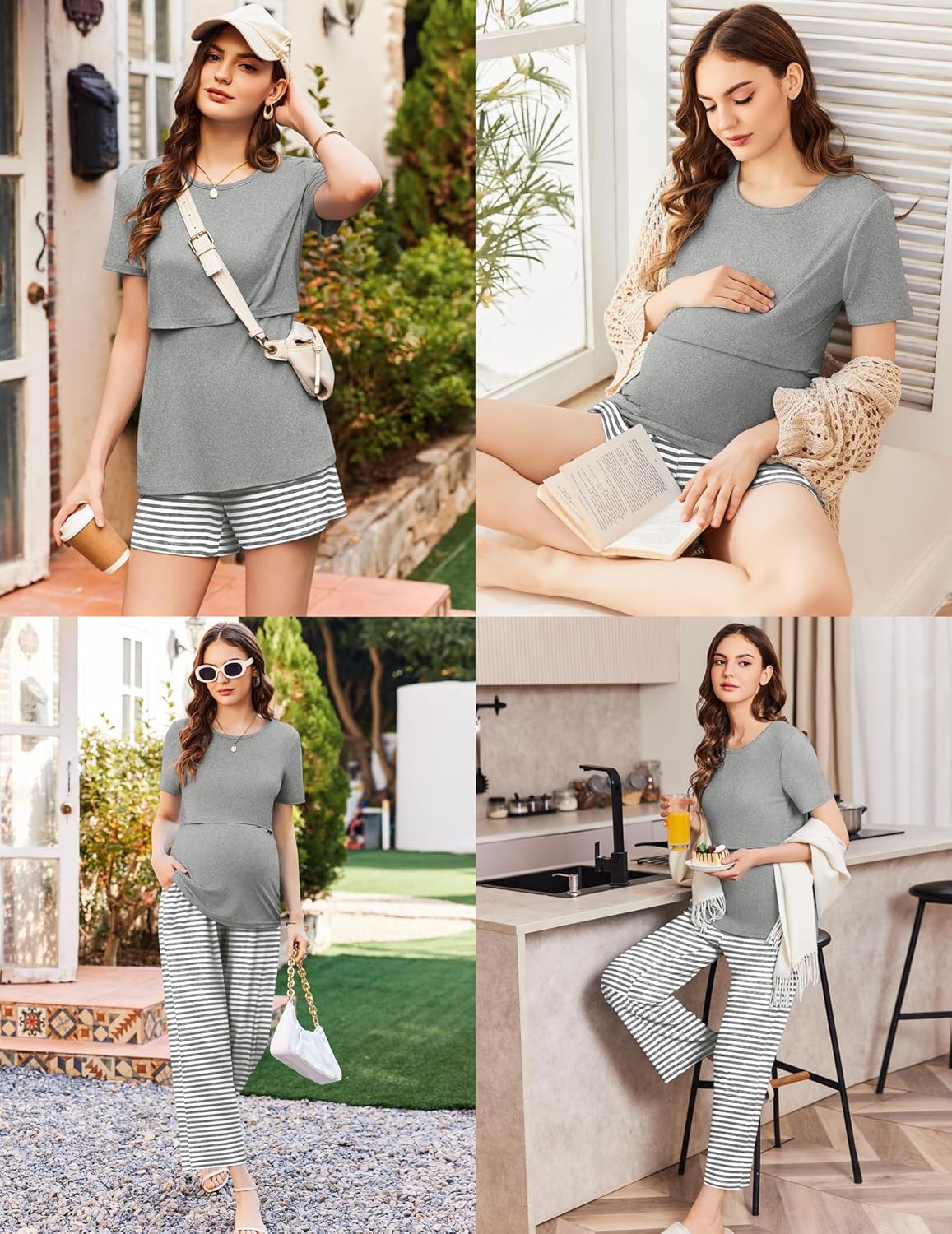 Gray nursing pajama set with short-sleeve top and striped shorts, 3-piece
