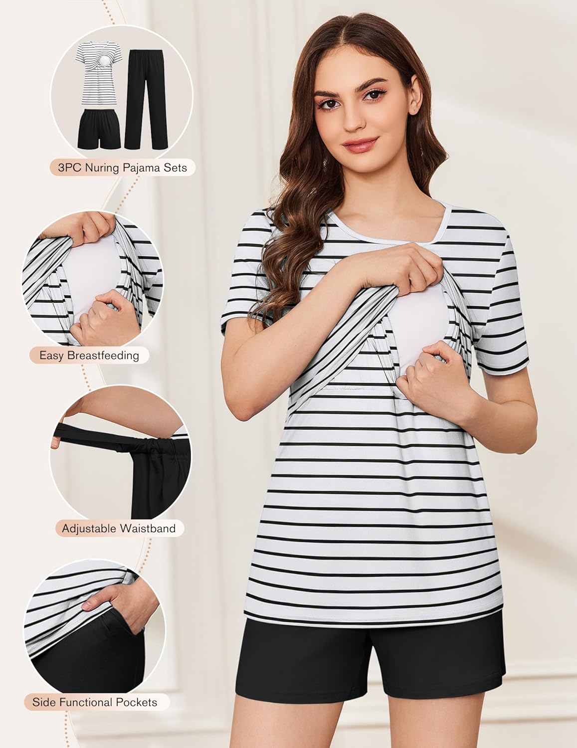 Black-and-white striped nursing pajama set with short-sleeve top and black shorts