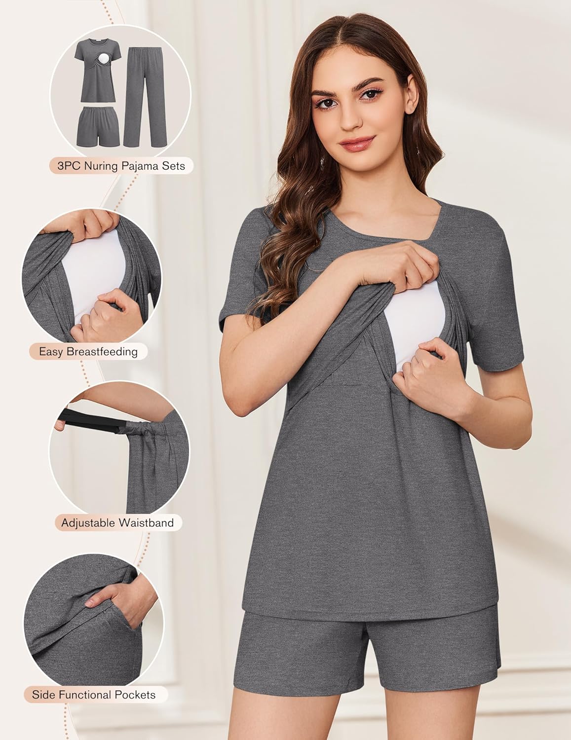 Gray nursing pajama set: short-sleeve top with nursing opening, adjustable waist shorts