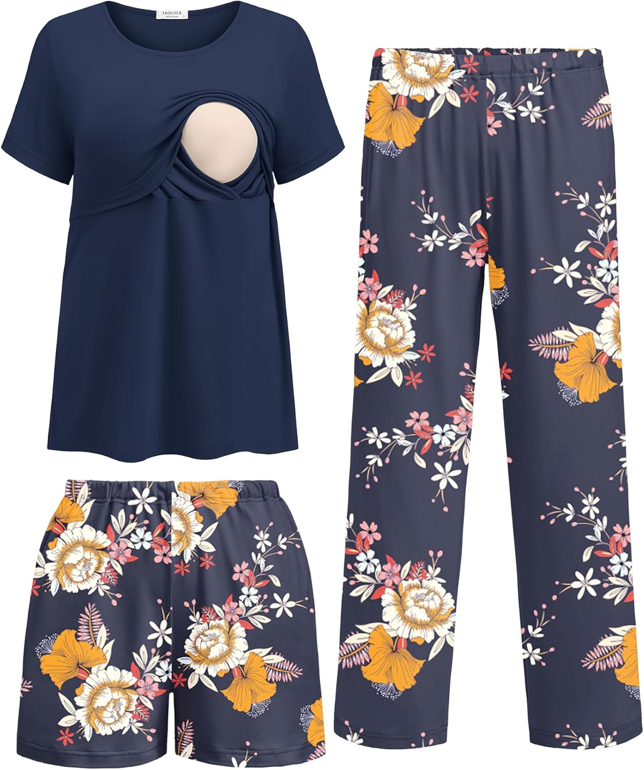 Conjunto pijama de lactancia 3 piezas azul marino con estampado floral y camiseta