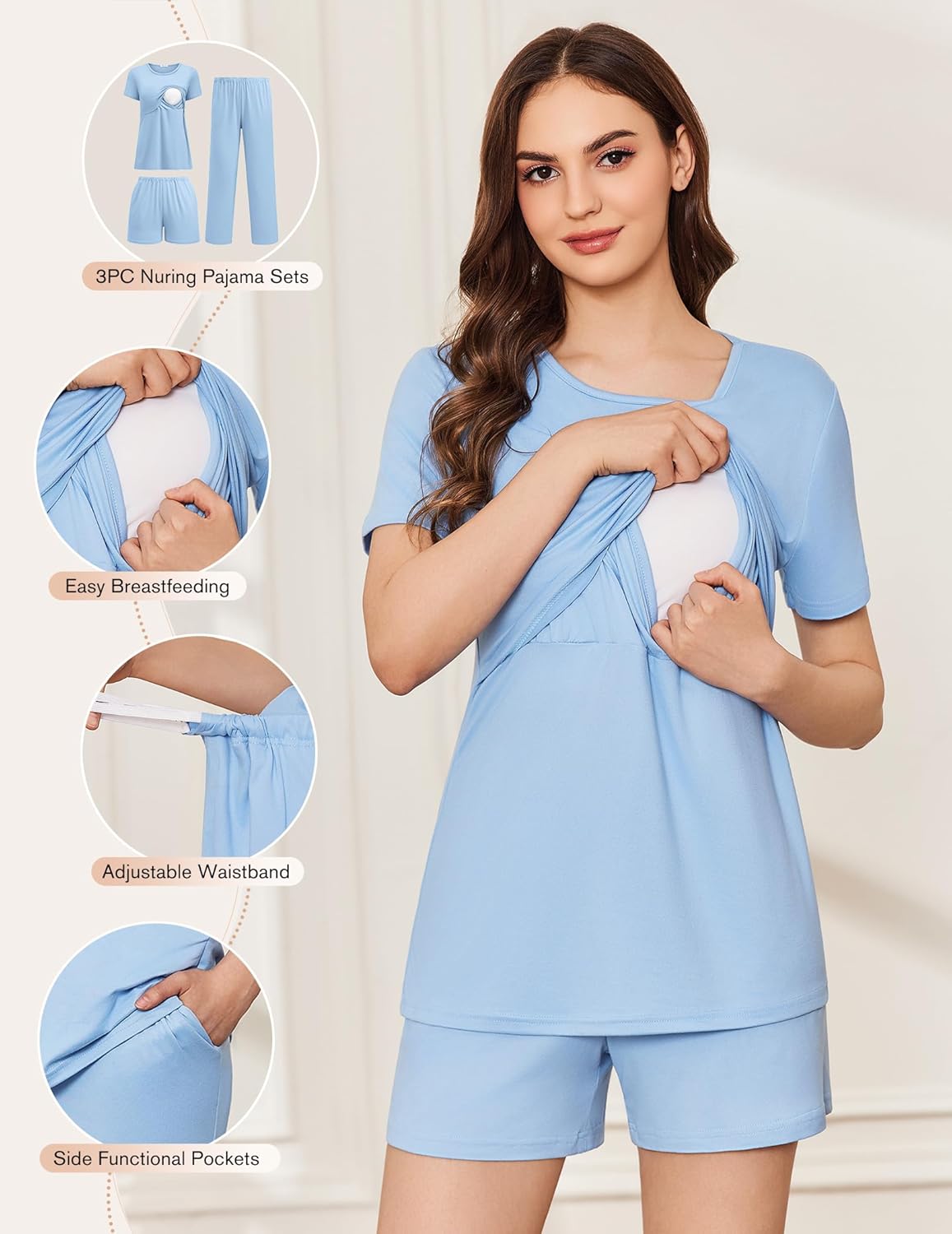Modelo con pijama de lactancia azul claro 3 piezas, blusa y pantalón corto