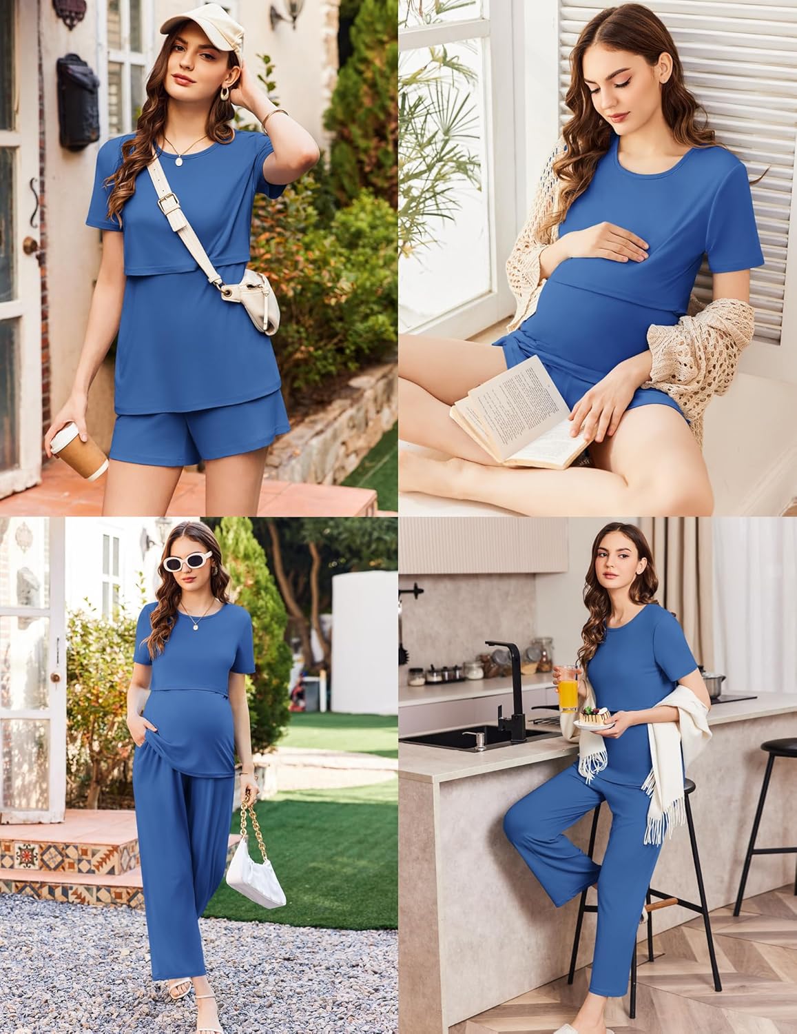 Blue nursing pajama set: short-sleeve top and shorts with nursing access opening