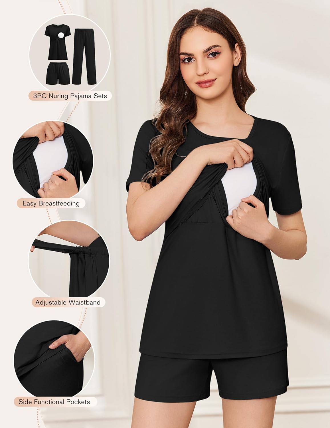 Black nursing pajama set: wrap-style top with buttoned nursing opening, shorts with pockets