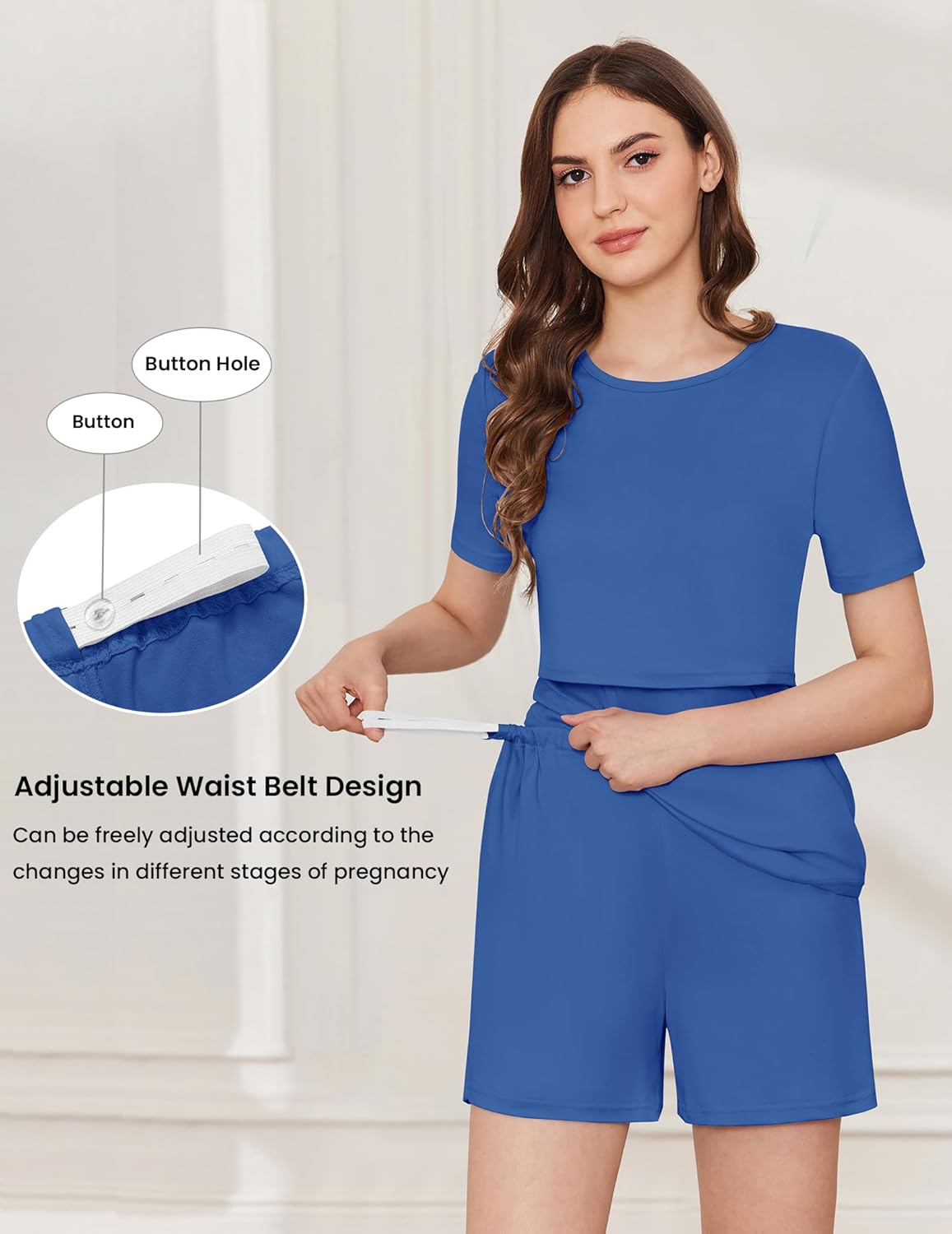 Blue nursing pajama set: short-sleeve top and shorts with adjustable waistband belt
