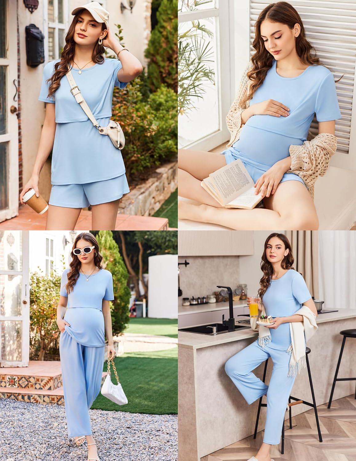 Pijama de lactancia azul claro 3 piezas con pantalón largo y top para el día