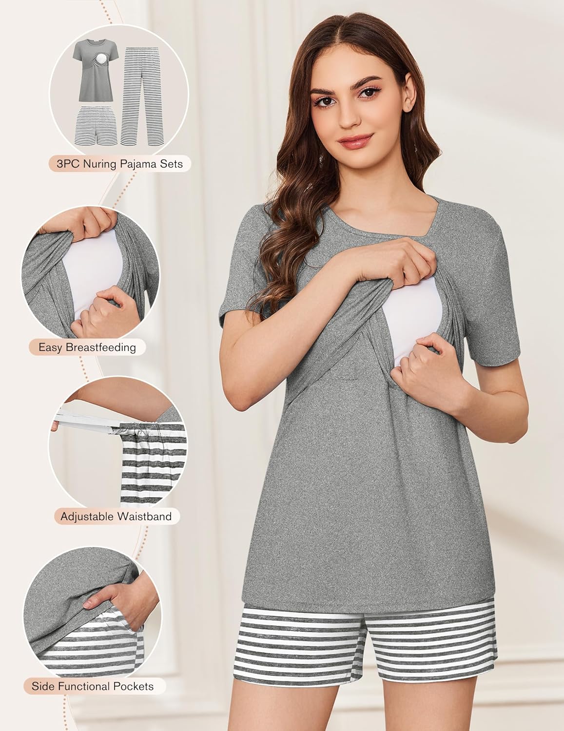 Gray nursing pajama top with striped hem and matching striped shorts, 3-piece set