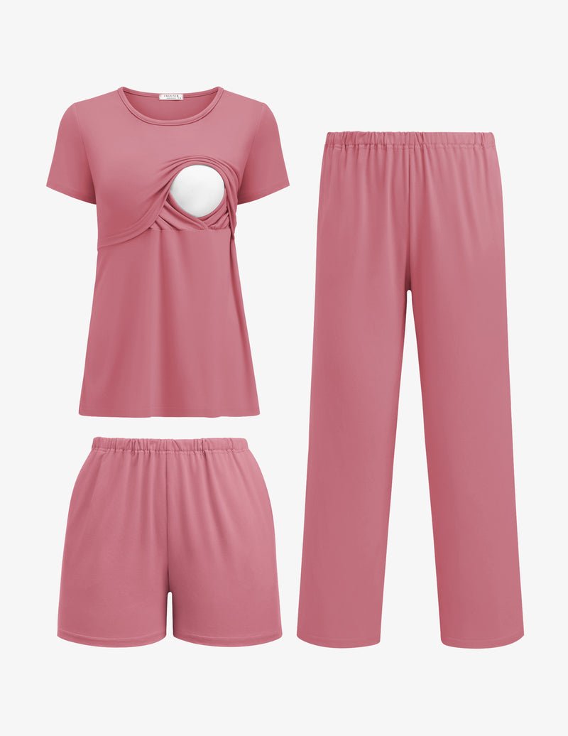 Conjunto pijama de lactancia 3 piezas rosa empolvado con top y pantalón ancho